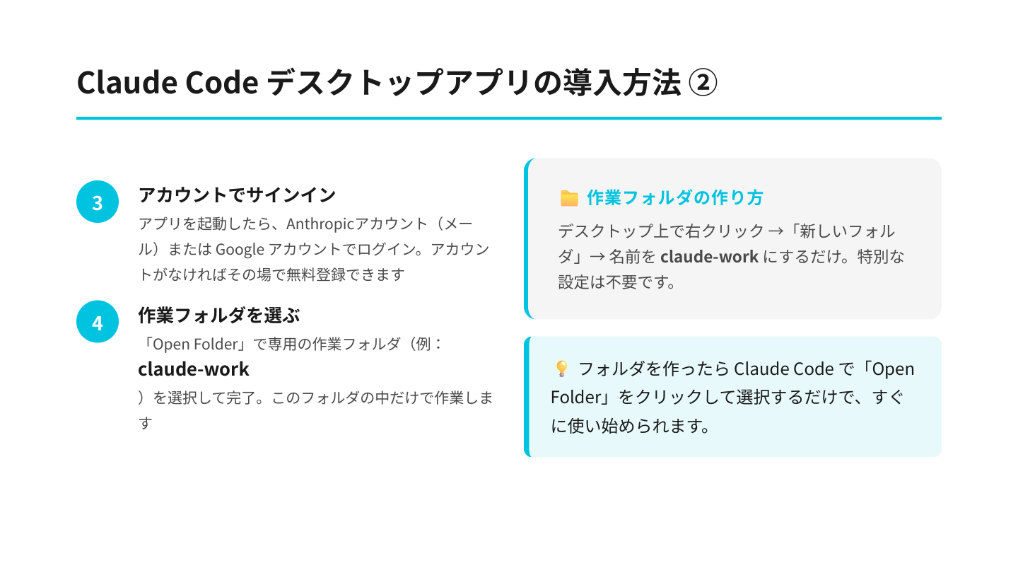 Claude Codeデスクトップアプリの導入方法②：サインインと作業フォルダの設定