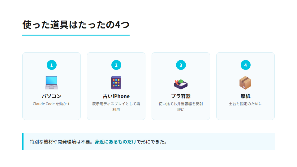 使った道具はたったの4つ：パソコン・古いiPhone・プラ容器・厚紙